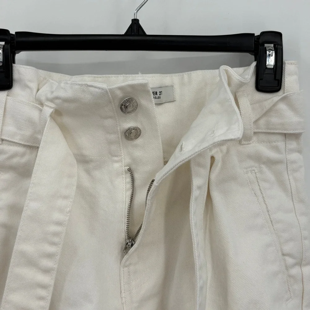 Forever 21 Off White Paperbag Waist‎ Denim Shorts High Rise Belted Size 26